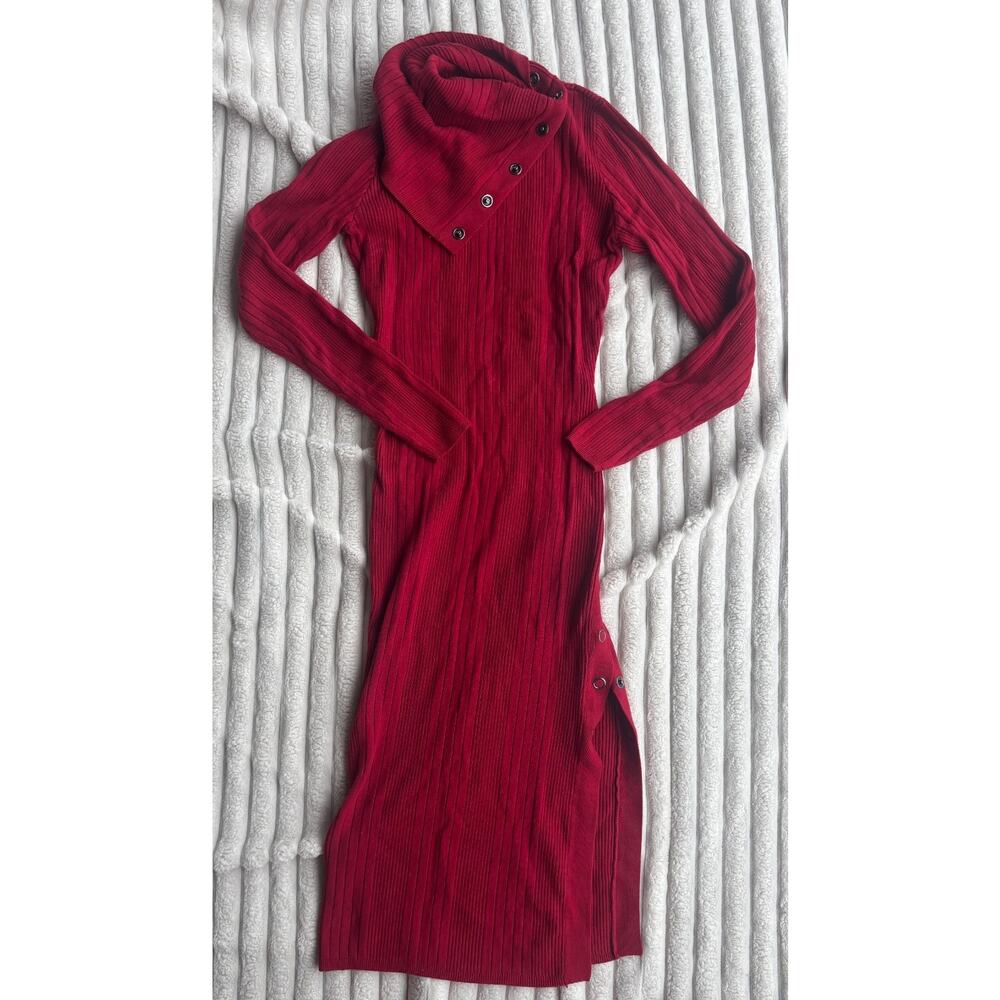 GUESS Knit Bodycon Dress sz Small Long Sleeve Button Accents High Neck Midi